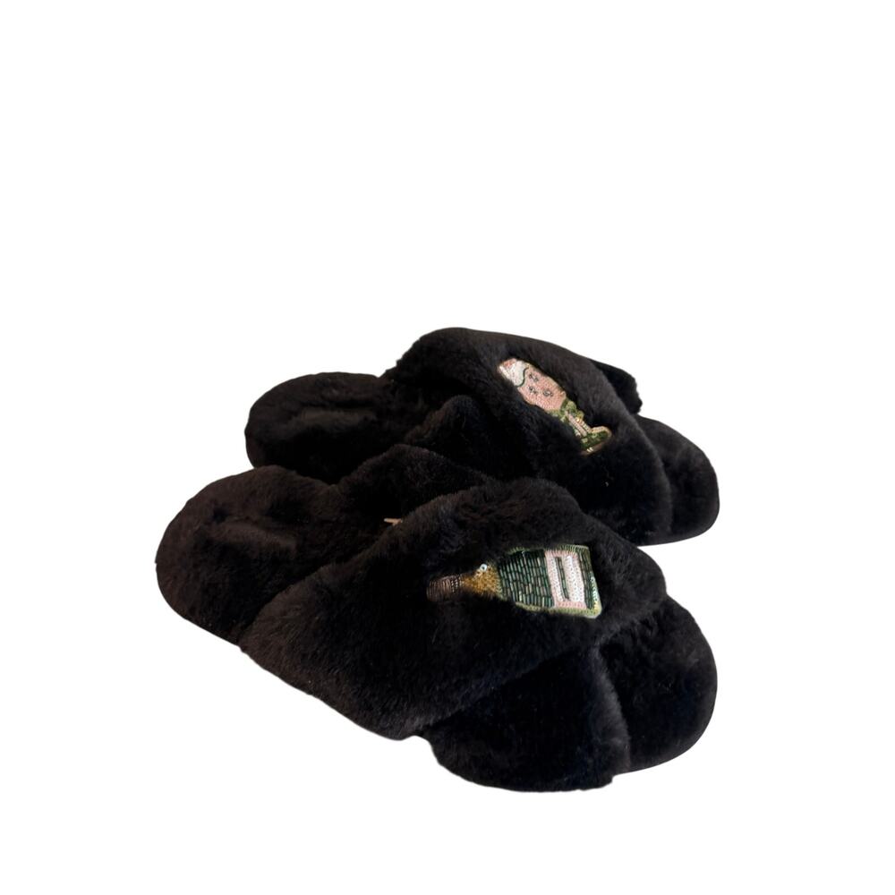 Anthropologie Maeve NWOT Icon Patch Fuzzy Slippers Black Champagne Sz M US 8-9
